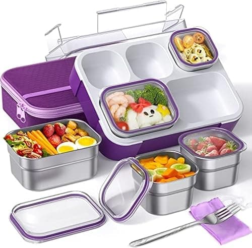 GGEROU Stainless Steel Lunch Box for Kids Adults,Insulated Bento Lunch Box with Tableware & Bag,1000ML 5 Compartment Divided Lunch Containers with Lids,Leakproof | BPA Free | Dishwasher Safe (Purple) على Amazon.ae - متتبع الأسعار