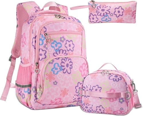 Rexmore 3Pcs Girls Backpack Set with Lunch Box & Pencil Case, Flower Print Kids Backpack for Elementary&Middle School Camping على Amazon.ae - متتبع الأسعار