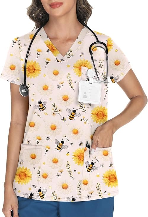 LOMON Women's V Neck Printed Scrub Top with 3 Pockets على Amazon.ae - متتبع الأسعار