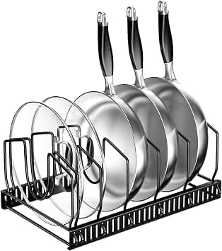 Fousenuk Pot Lid Holder, Pot Lid Storage with 7 Adjustable Compartments, Kitchen Pan Organiser, Lid Holder Drawer, Non-Slip Pan Holder, Pot Organiser, Pot Lid Holder (Black) على Amazon.ae - متتبع الأسعار