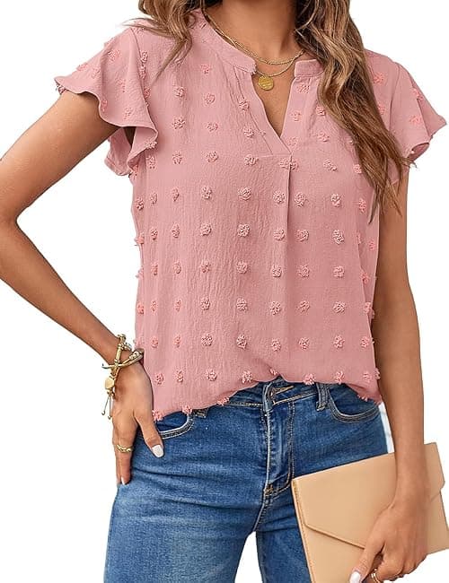 MEROKEETY Women 2023 Summer V Neck Ruffle Short Sleeve Blouse Swiss Dot Flowy Shirt Tunic Top on Amazon.ae - Price Tracker