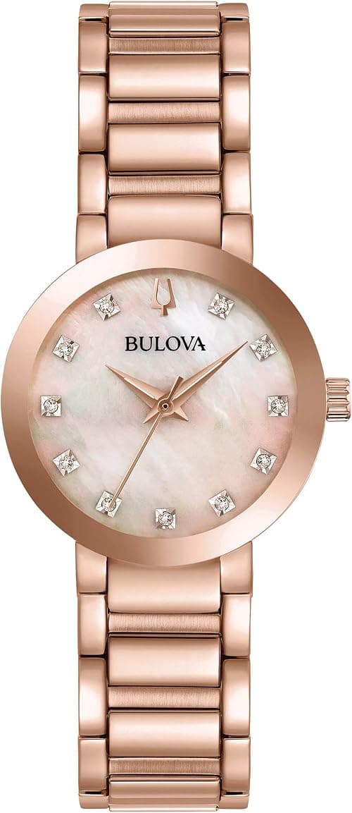 Bulova Ladies' Modern Millenia Diamond Dial Rose Gold Stainless Steel 3-Hand Quartz Watch, Gold Mother-of-Pearl Dial, Edge to Edge Crystal Style: 97P132 on Amazon.ae - Price Tracker