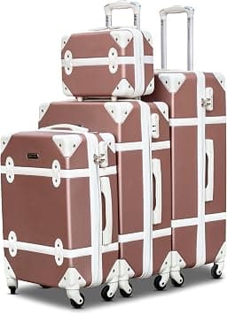 Vintage Luggage - Lightweight ABS Suitcases with Spinner Wheels and Cosmetic Bag - Retro Classic Hard Shell Travel Bags (Rose Gold White, 4PCS SET 14/20/24/28 Inch) on Amazon - Best Deal Finder