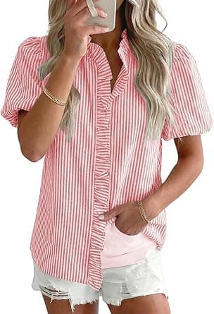 Astylish Women Striped Blouses Spring Summer Ruffle Collar Puff Sleeve Button Down Shirts Business Casual Tops on Amazon.ae - Price Tracker