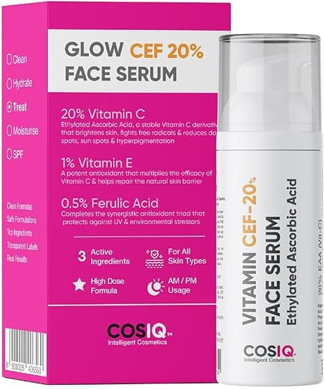 Cos-IQ 20% Vitamin C Face Serum With Vit E, & Ferulic Acid | Safe and Effective Skin Brightening Serum for Glowing Skin, Protects Against, Wrinkles, Fine Lines, Dark Spots | 30ml on Amazon.ae - Price Tracker