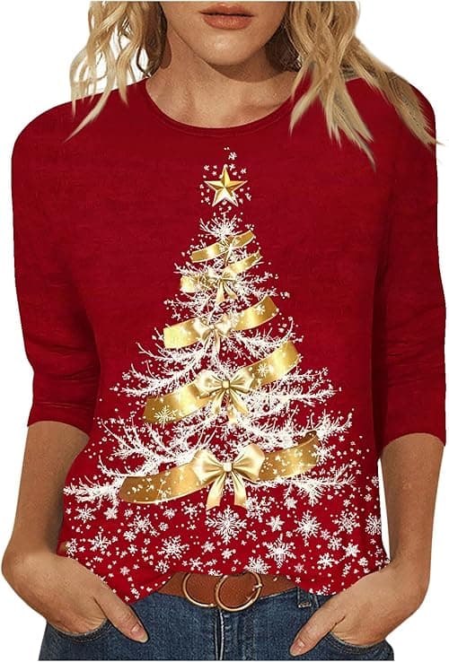 Christmas T Shirts Women Ugly Christmas Jumper Ladies Round Neck 3/4 Sleeve T Shirt Xmas Tree Snowflake Santa Printed Tops T-Shirt Tunic Jumpers Dressy Tunic Top Going Out Blouse on Amazon.ae - Price Tracker