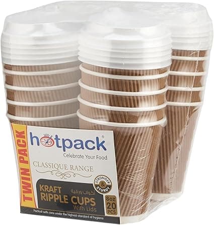 Hotpack Disposable Twin Pack Kraft Ripple Hot & Cold Coffee Cup 8 ounce with White Lid, 20 Pieces on Amazon.ae - Price Tracker