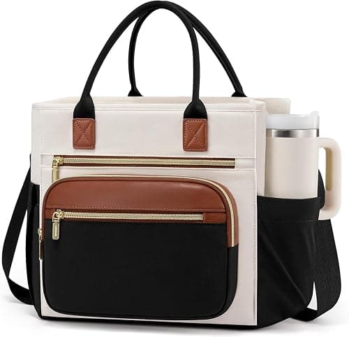 Insulated Lunch Bag Women,Lunch Box Women,Leakproof Cooler Bag for Work Picnic Beach Family College,Lunch Teacher Tote Bag with Adjustable Shoulder Strap and Cup Holder (Black and white with brown) on Amazon.ae - Price Tracker