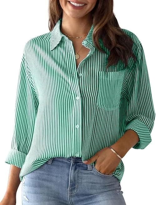 hathne Women's Button Down Striped Shirts Casual V-Neck Long Sleeve Stripes Business Blouses with Pocket on Amazon.ae - Price Tracker