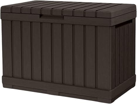 Keter Kentwood 190L Outdoor Resin Garden Storage Box, Brown | Weatherproof Wood‑Effect Panels | Stores Cushions, Garden Tools & Outdoor Accessories | Lockable Lid & Extra Seating - متتبع أسعار Amazon.sa