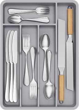 Lifewit Small Cutlery Tray for Drawers, 5 Compartments Cutlery Organizer, 24 x 34 cm Drawer Organizer Kitchen, Cutlery Insert Utensil Holder Made of Plastic for Spoons/Forks/Knives, Grey on Amazon.ae - Price Tracker