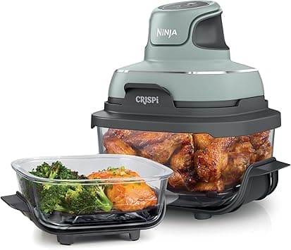 Ninja Crispi Air Fryer, Microwave, Freezer & Dishwasher Safe, Non Toxic Glass Portable Cooking System, 4 QT & 6 Cup Glass Containers with Storage Lids, Easy Meals, Air Fry, Bake, Green, FN101SG | Maximum Crisp, Bake, Air Fry, Recrisp, 450F max, 4 Quart & 6 Cup, PFAS Free Glass - متتبع أسعار Amazon.sa