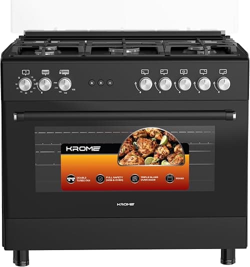 Krome 90×60 cm Freestanding Gas Cooker – 5 Euro Pool Burners + Dual SABAF Burner, Double Turbo Fan, Full Safety Oven & Hob, Cast Iron Pan Supports, Push Button Ignition, Black - KR-CR9062FEB on Amazon.ae - Price Tracker