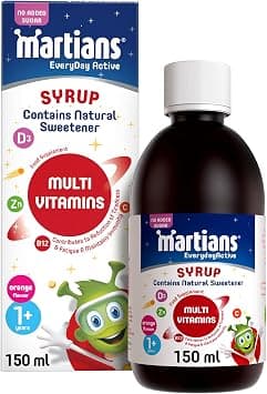 Martians Everyday Active Multivitamins Syrup for Children 1+ Years, 150ml. With Vitamin B12, Vitamin C & Zinc. For Energy & Immunity Support. No Added Sugar. Gluten & Lactose Free. Spoon Included - Amazon.sa Price Tracker