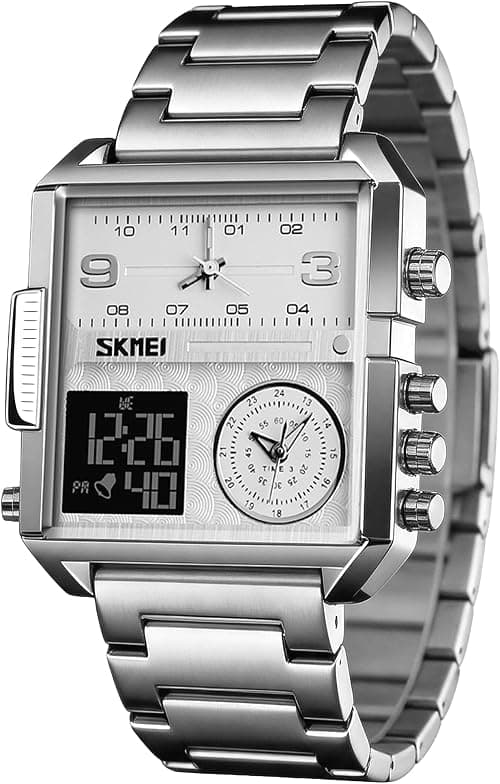 SKMEI Men's Digital Sports Watch, LED Square Large Face Analog Quartz Wrist Watch with Multi-Time Zone Waterproof Stopwatch على Amazon.ae - متتبع الأسعار