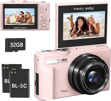 4K Digital Camera for Photography, 64MP Compact Vlogging Camera with WiFi and 3" 180° Flip Screen, 18X Digital Zoom, Ideal for YouTube Creators, Includes 2 Batteries & 32GB Micro SD Card, Pink على Amazon.ae - متتبع الأسعار