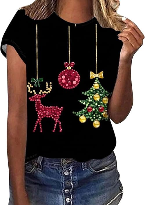 Womens Christmas T Shirt Funny Xmas Jumpers Short Sleeve Tops Round Neck Blouses Reindeer Funny Snowman Print Graphic Sweatshirts Tunic Jumpers Loose Blouse Casual Holiday T-Shirts on Amazon.ae - Price Tracker