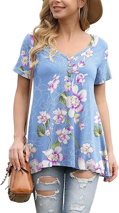 Womens Tshirts Women's T-shirt Solid Color Button Short Sleeve V-neck T-shirt Women's Summer Top T-shirt on Amazon.ae - Price Tracker