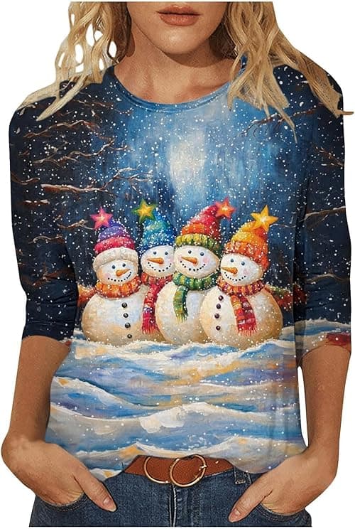 Womens Christmas Tops Funny Xmas Tops Plus Size 3/4 Sleeve Round Neck Blouses Xmas Tree Snowflake Santa Printed Funny Ugly Christmas Jumper Loose Blouse Oversized T Shirts Sweatshirt on Amazon.ae - Price Tracker
