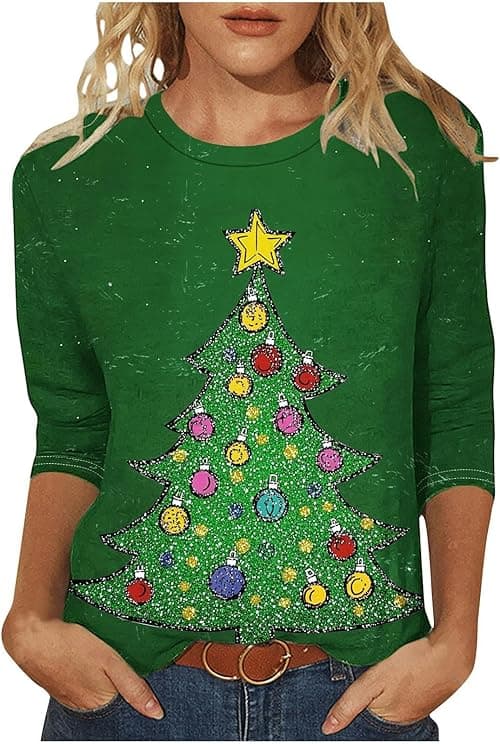 Christmas Tops for Women Funny Xmas T Shirts 3/4 Sleeve Tops Round Neck Blouses Xmas Tree Santa Elk Snowflake Print Tshirt Merry Christmas Jumper Pullover Dressy Blouses Plus Size on Amazon.ae - Price Tracker