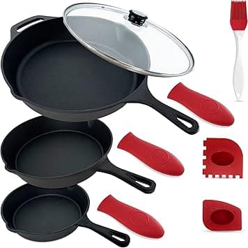 Empire Pre-Seasoned Cast Iron Skillet Set of 3 – 11.8″, 10.2″ & 7.8″ Pans with Silicone Handle Grips, Oil Brush & Scraper – Heavy‑Duty Nonstick Frying Pans, Oven, Stovetop & Grill Safe on Amazon.ae - Price Tracker