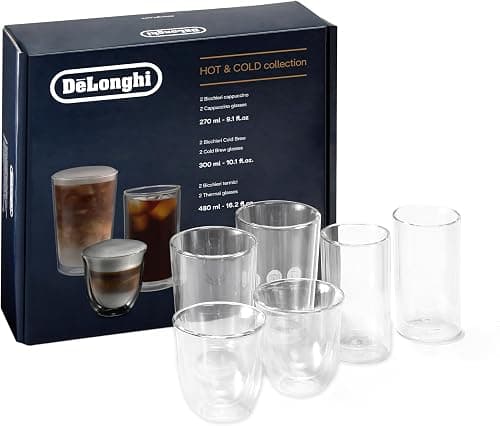 De'Longhi Hot and Cold Glass Set, 6pcs - 2 Cappuccino, 2 Cold Brew, 2 Thermal Double-Wall Borosilicate Glasses, Hand-Blown, Dishwasher Safe, Gift Box, 1-Year Warranty - Clear DLSC326 on Amazon - Best Deal Finder