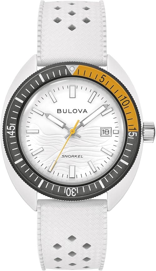 Bulova Men's Oceanographer Snorkel Ceramic Case and White Perforated Rubber Strap Watch, Day Date 100M WR on Amazon - Best Deal Finder