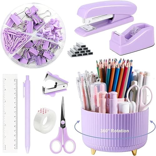 Purple Office Supplies Set, 10PCS Office Desk Accessories and Organizers with 360° Pen Holder,Stapler and Tape Dispenser Set, Remover, Staples, Clips, Scissor,Sticky Notes and Pen on Amazon.ae - Price Tracker