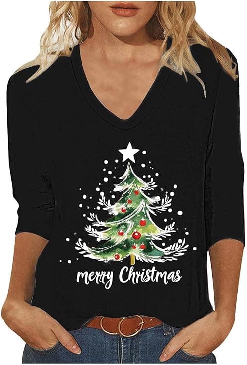 Christmas T Shirts Women Ugly Xmas Jumper Long Sleeve Tops V Neck T Shirts Merry Christmas Tree Snowflakes Gnome Cat Blouses Funny Xmas Tops Tunic Casual Holiday Tee Shirt on Amazon.ae - Price Tracker