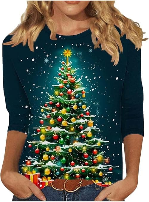 Christmas Tops for Women - Novelty, Santa Funny Graphic, Merry Christmas, Snowman, Xmas Tree, Snowflake, Elk Print, Crew Neck, 3/4 Sleeve, Pullover, Holiday, Party, Xmas T Shirts on Amazon.ae - Price Tracker