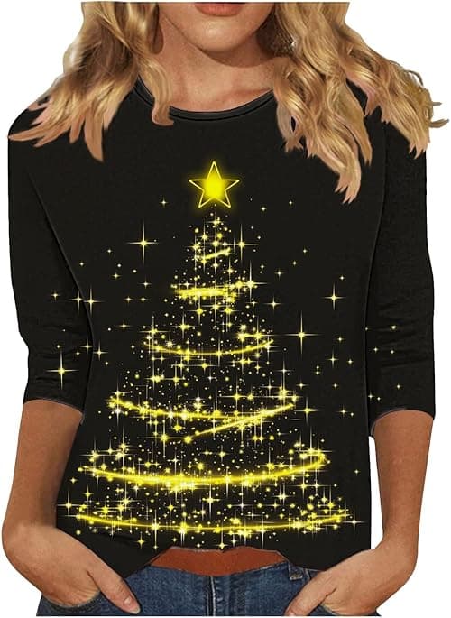 Christmas Tops for Women UK Plus Size Xmas Tops 3/4 Sleeve T Shirts Christmas Tree Snowflake Print Tshirt Round Neck Blouses Casual Loose Top Pullover Lounge Wear for Holiday Party on Amazon.ae - Price Tracker