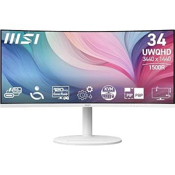 MSI Modern MD342CQPW 34in VA 3440 x 1440(UWQHD) Computer Monitor, 120Hz, 1800 Curved, Adaptive-Sync, HDMI, DP, USBC 98W Power Delivery, KVM, Height Adjustable, VESA, Speaker, 1ms, White على Amazon.ae - متتبع الأسعار