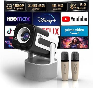 Mini Projector with WiFi and Bluetooth, 2 Microphones, 180 ANSI Lumens, 4K | Smart Outdoor Movie Projector for Bedroom Android 13 Built-in Apps TV Stick HDMI 180° Rotatable Portable Home Cinema KTV on Amazon.ae - Price Tracker