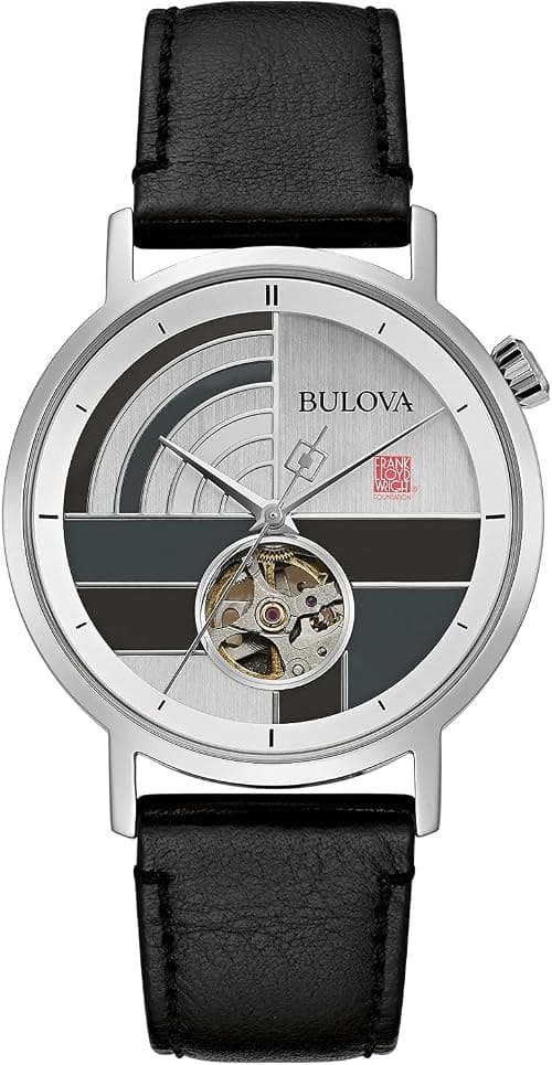 Bulova Men's Frank Lloyd Wright Stainless Steel Automatic Watch with Leather Strap, Black, 20 (Model: 96A248), Black on Amazon.ae - Price Tracker