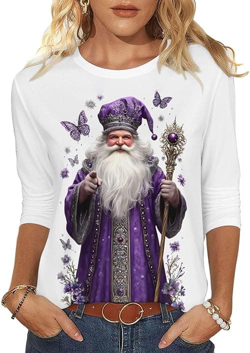 Womens Christmas Tops Novelty Christmas Jumpers 3/4 Sleeve Round Neck Tops Santa Cruz Xmas Tree Snowflake Printed Blouses Casual T Shirts Tunic Shirt Xmas Holiday Top Pullover Blouse on Amazon.ae - Price Tracker