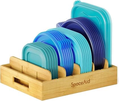 SpaceAid Bamboo Lid Organizer, Kitchen Pantry Lid Holder with 5 Adjustable Dividers for Cabinets, Food Storage Container Organizer for Plastic Lids, Includes Blank Writable Labels on Amazon.ae - Price Tracker