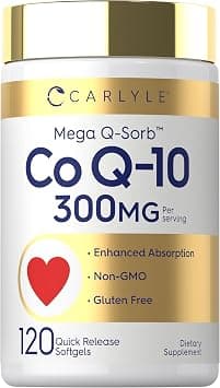 Carlyle CoQ10 300mg | 120 Softgels | Mega Q-Sorb Coenzyme Q-10 | with Black Pepper Extract | Non-GMO, Gluten Free Supplement على Amazon.ae - متتبع الأسعار