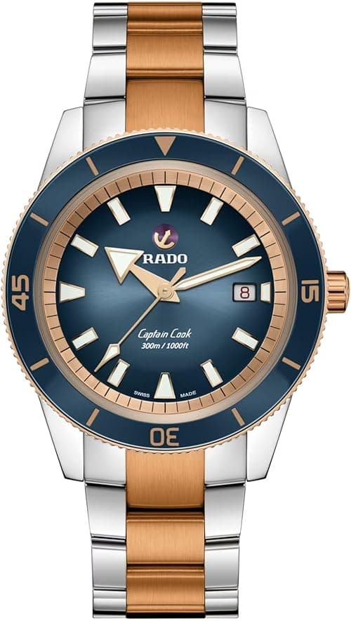 Rado Captain Cook Automatic Blue Dial, Date Display, Super Luminova Indexes and Rose Gold and Silver Bracelet on Amazon.ae - Price Tracker