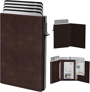 KASTWAVE Men’s Wallet Card Holder - Pop-Up Aluminum Case with Genuine Leather, RFID Blocking, ID Window, Cash Slot - Slim Minimalist Front Pocket Wallet for 9-14 Cards (Oil Wax Brown) on Amazon.ae - Price Tracker