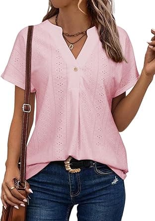 Astylish Womens V Neck Blouses Casual Short Sleeve Buttons Hollow Out Fashion Shirts Tops Dressy on Amazon.ae - Price Tracker