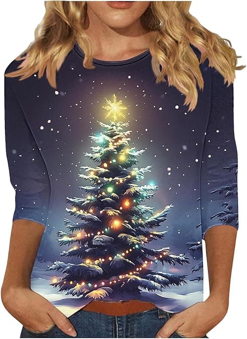 Christmas Tops for Women UK Plus Size Xmas Tops 3/4 Sleeve T Shirts Christmas Tree Snowflake Print Tshirt Round Neck Blouses Casual Loose Top Pullover Lounge Wear for Holiday Party on Amazon.ae - Price Tracker