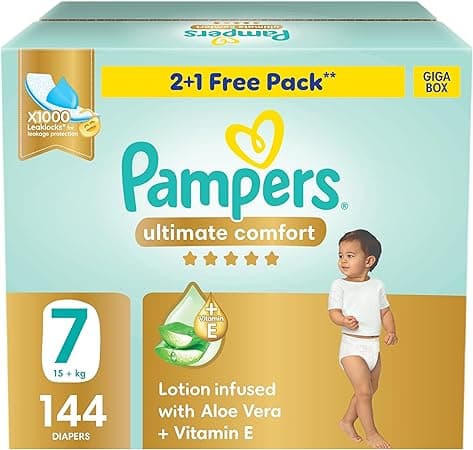 Pampers Ultimate Comfort Taped Diapers, Size 7, 15+kg, Lotion infused with Aloe Vera and Vitamin E, x1000 Leak Locks Technology for Leakage Protection, Giga Box, 144 Count on Amazon.ae - Price Tracker