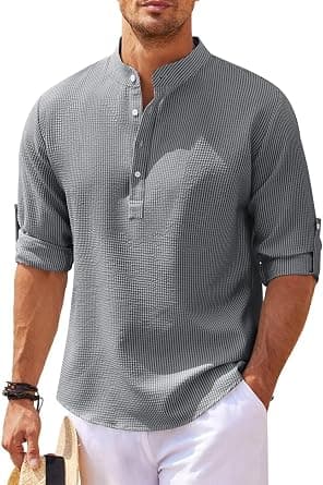 Men's Cotton Linen Shirt Casual Long Sleeve Henley Hippie T Shirts Summer Fashion Beach Tops Slim Fit Basic Button Up Shirts Lightweight Solid Color Banded Collar Shirt Typical Holiday Sports Tops, XL on Amazon.ae - Price Tracker