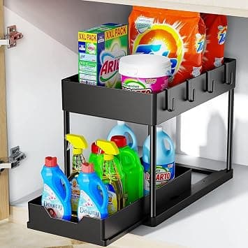 2 Tier Under Cabinet Sliding Basket Organizer, Multi-Purpose Storage Shelf for Kitchen, Bathroom, Office - Black Under Sink Organizer - متتبع أسعار Amazon.sa