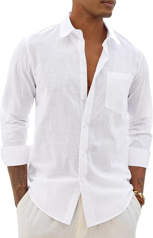Alimens & Gentle Linen Shirts for Men Long Sleeve Casual Cotton Button Down Shirts Summer Beach Wedding Tops with Pocket on Amazon.ae - Price Tracker