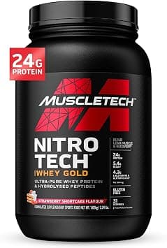 Muscletech Nitro Tech Whey Gold with Peptides & Isolate Primary Source Support Recovery Gluten Free - 24gm Protein, 5.4gm BCAAs & 4gm Glutamine & Precursor, Strawberry Shortcake, 2.00 lbs | Nitro-Tech Whey Gold Isolate Smoothie Mix for Lean Muscle & Recovery for Women & Men - Packaging May Vary on Amazon.ae - Price Tracker