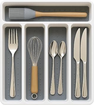 Cutlery Tray for Kitchen Drawer Organizer – Durable 5-Compartment kitchen Storage Organizer Box for Home and Kitchen | Non-Slip Kitchen Organizer for Cutlery & Utensils (White) على Amazon.ae - متتبع الأسعار