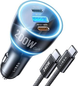 شاحن سيارة من ليسن بمنفذ USB متوافق مع آيفون 16 و15 وسامسونج جالاكسي S24 وS23 بـ3 منافذ بقدرة 170 واط مع شحن سريع وتقنية GaN على أمازون - دليلك لأفضل العروض