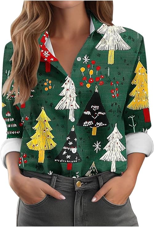 Christmas Tops for Women UK Funny Christmas Jumper Oversized Button Up Shirts Long Sleeve Tops V Neck Blouses Xmas Tree Snowflake Print Blouse Novelty Jumpers Rude Dressy Xmas Shirt on Amazon.ae - Price Tracker