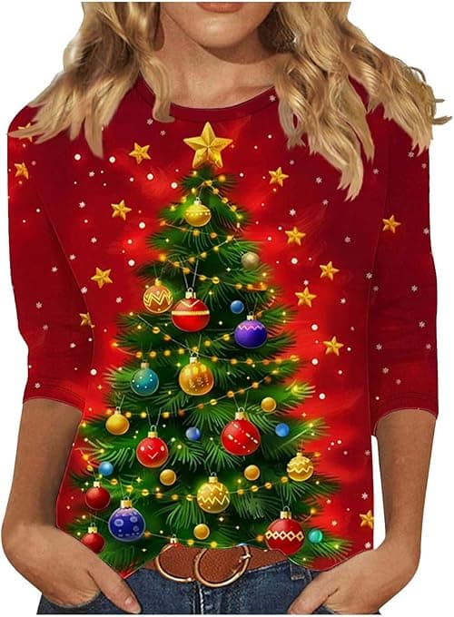Christmas Tops for Women - Novelty, Santa Funny Graphic, Merry Christmas, Snowman, Xmas Tree, Snowflake, Elk Print, Crew Neck, 3/4 Sleeve, Pullover, Holiday, Party, Xmas T Shirts on Amazon.ae - Price Tracker